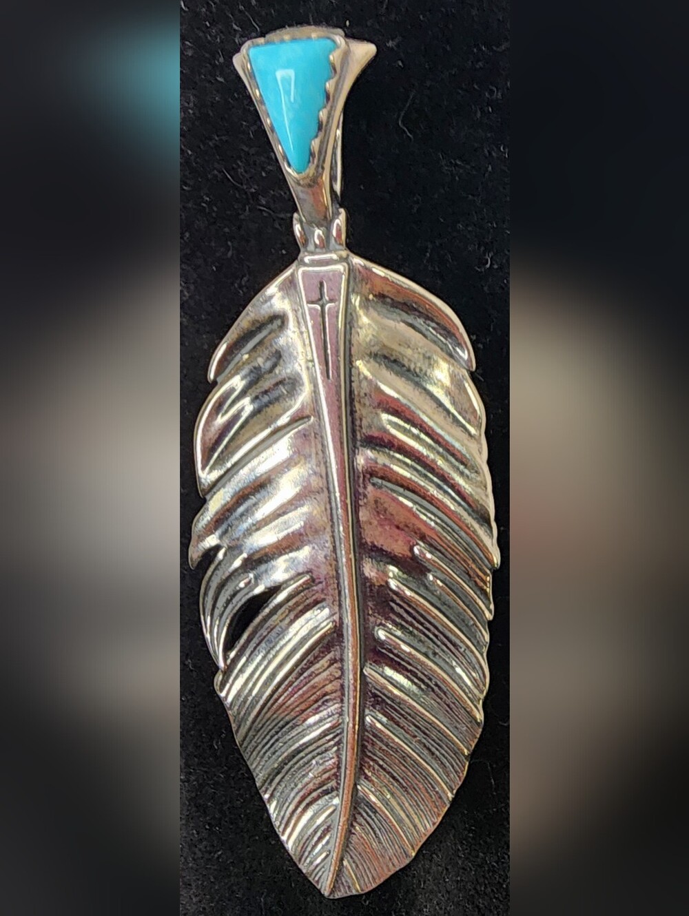 Sterling Silver Sleeping Beauty Turquoise Fritz Casuse Prayer Feather Pendant